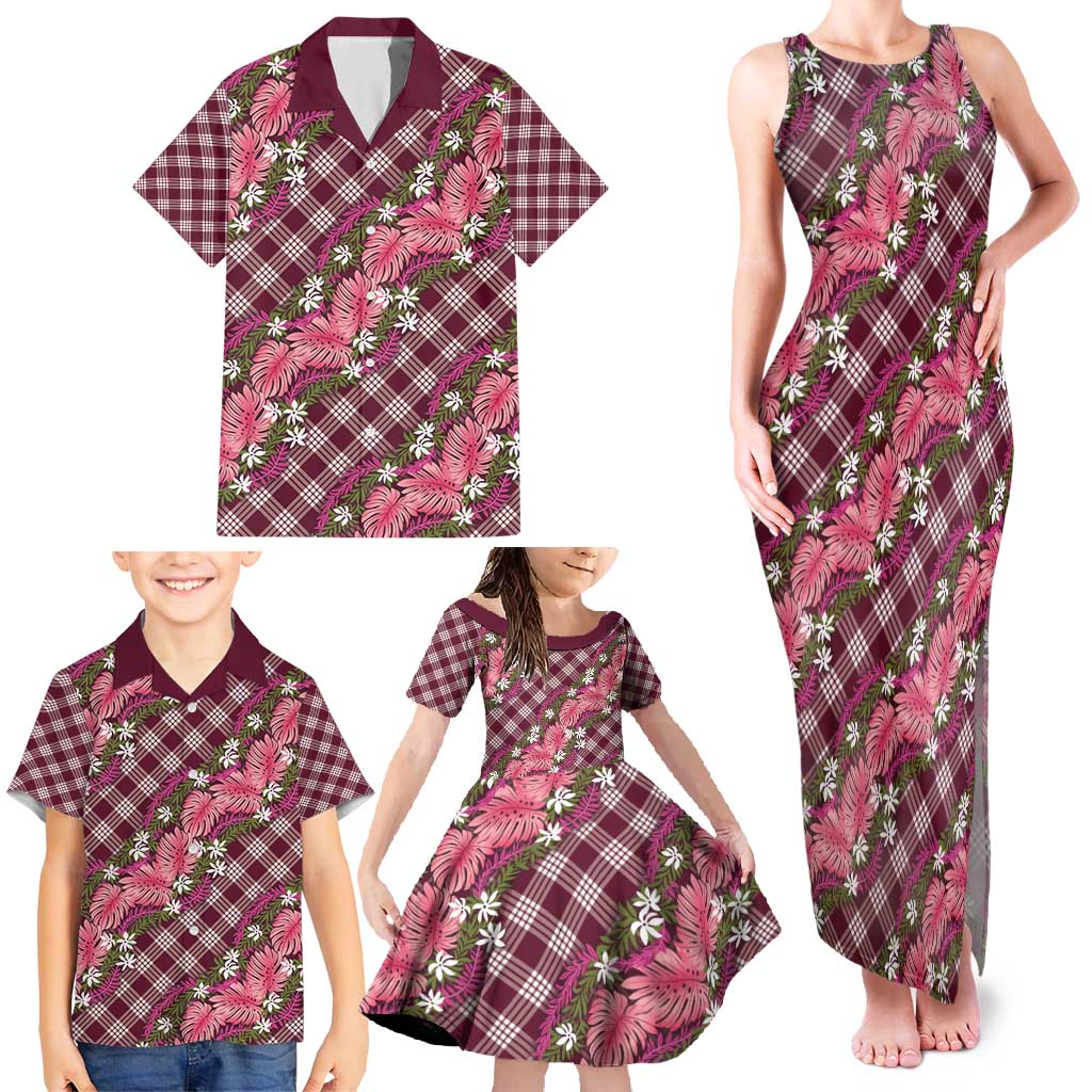 Polynesian Monstera Tiare Floral Family Matching Tank Maxi Dress and Hawaiian Shirt Fuchsia Tropical Plaid LT01 - Polynesian Pride
