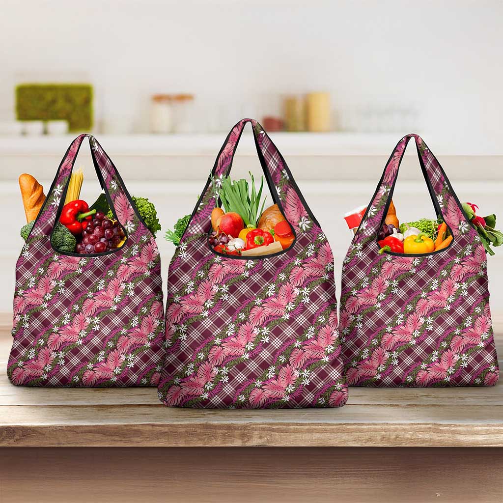 Polynesian Monstera Tiare Floral Grocery Bag Fuchsia Tropical Plaid LT01 3-pack One Size Pink - Polynesian Pride
