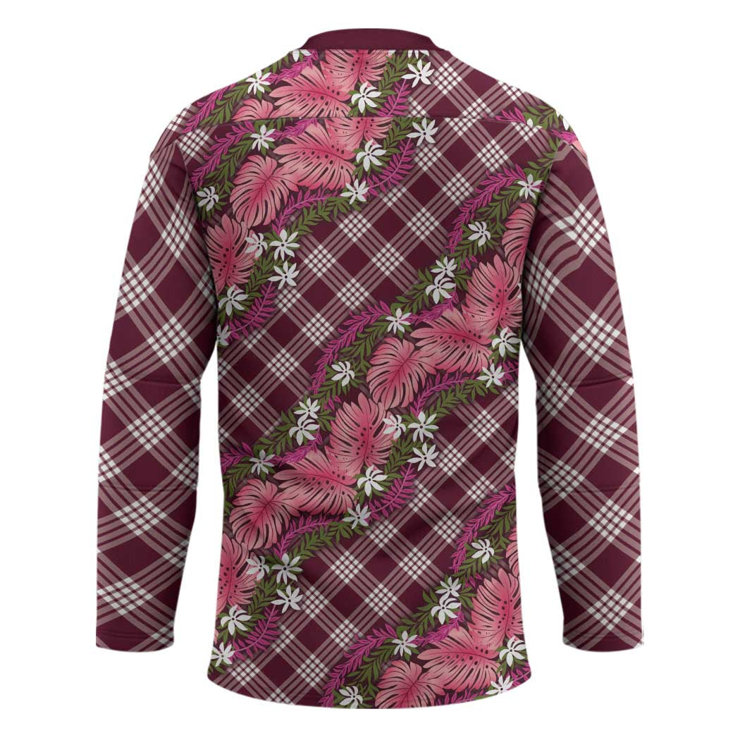 Polynesian Monstera Tiare Floral Hockey Jersey Fuchsia Tropical Plaid - Polynesian Pride