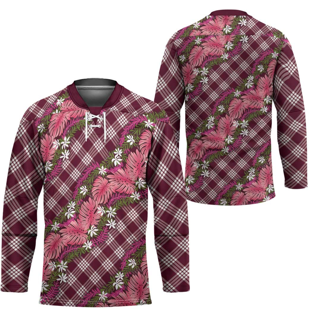 Polynesian Monstera Tiare Floral Hockey Jersey Fuchsia Tropical Plaid - Polynesian Pride