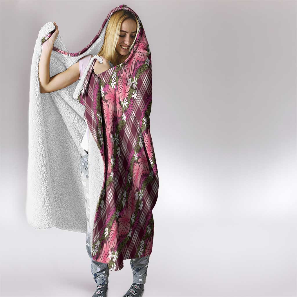 Polynesian Monstera Tiare Floral Hooded Blanket Fuchsia Tropical Plaid - Polynesian Pride