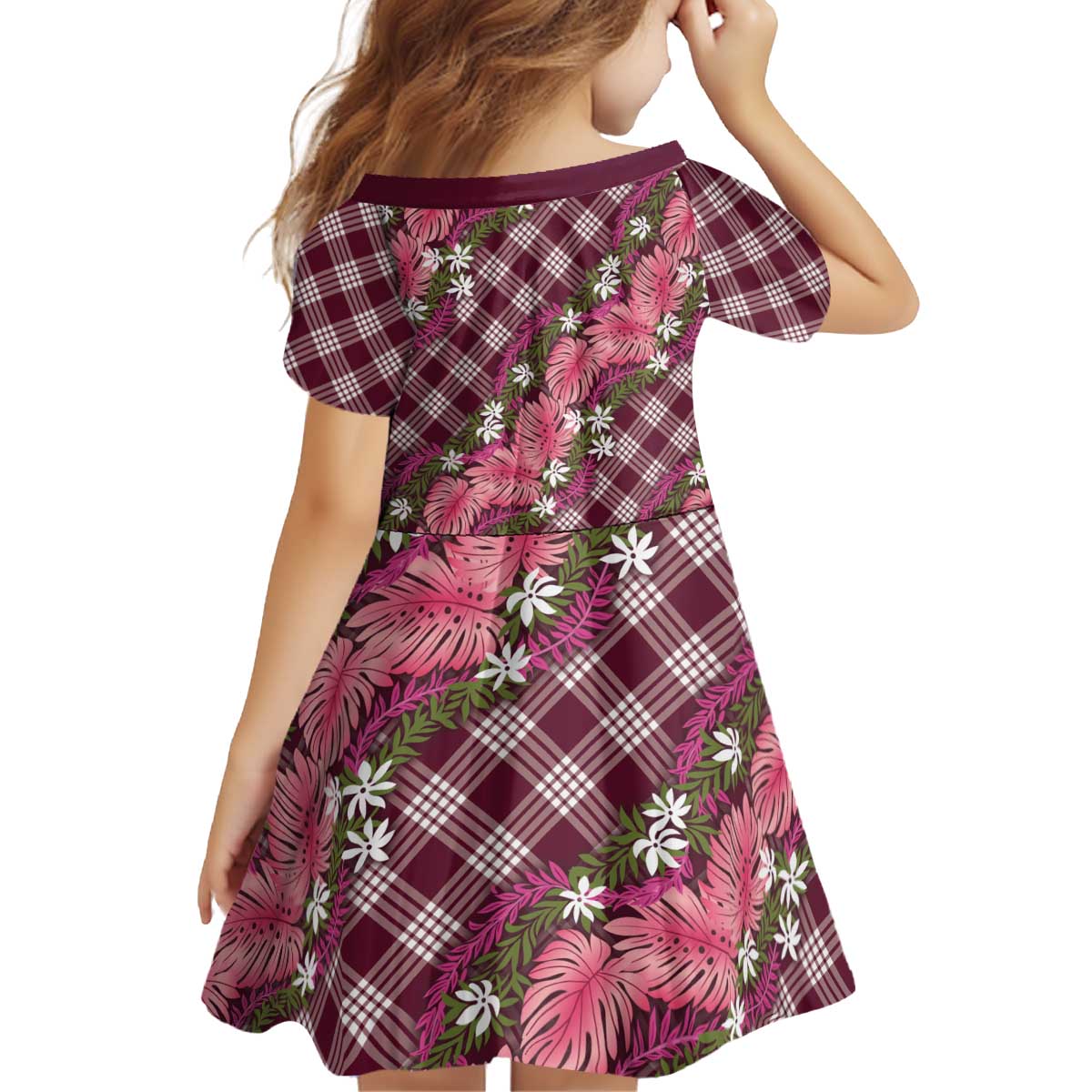 Polynesian Monstera Tiare Floral Kid Short Sleeve Dress Fuchsia Tropical Plaid - Polynesian Pride