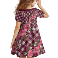 Polynesian Monstera Tiare Floral Kid Short Sleeve Dress Fuchsia Tropical Plaid - Polynesian Pride