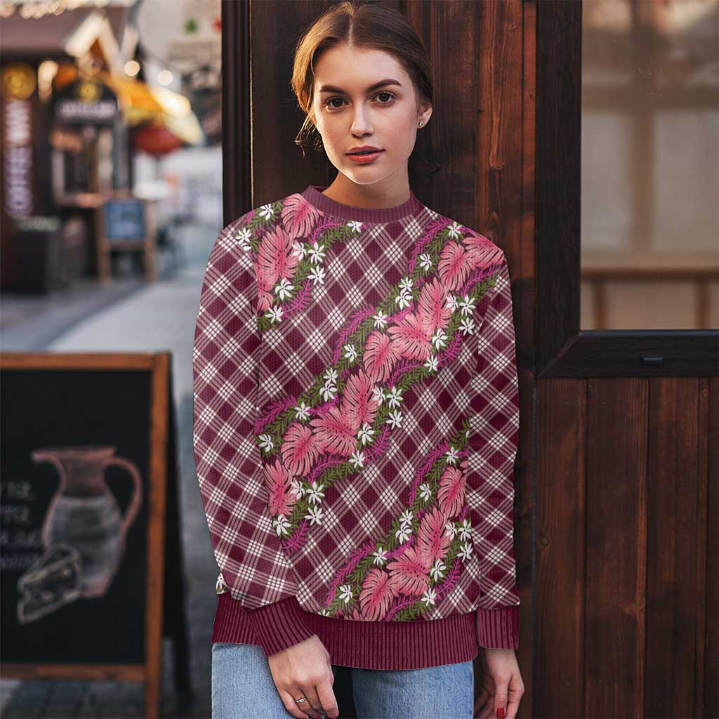 Polynesian Monstera Tiare Floral Ugly Christmas Sweater Fuchsia Tropical Plaid - Polynesian Pride