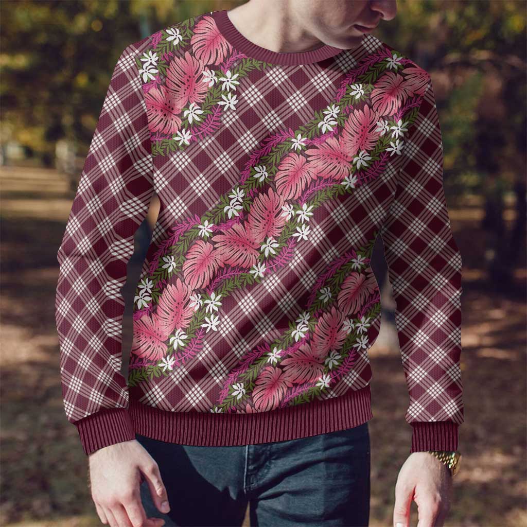 Polynesian Monstera Tiare Floral Ugly Christmas Sweater Fuchsia Tropical Plaid - Polynesian Pride