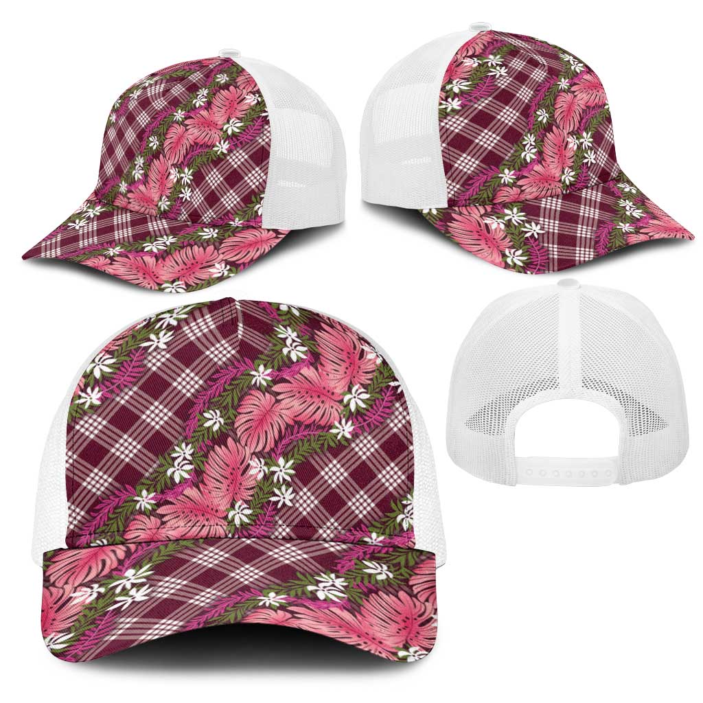 Polynesian Monstera Tiare Floral Mesh Trucker Cap Fuchsia Tropical Plaid - Polynesian Pride