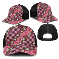 Polynesian Monstera Tiare Floral Mesh Trucker Cap Fuchsia Tropical Plaid - Polynesian Pride