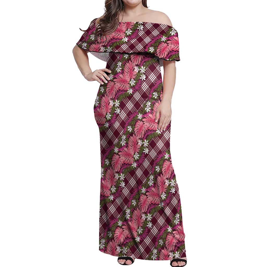 Polynesian Monstera Tiare Floral Off Shoulder Maxi Dress Fuchsia Tropical Plaid LT01 Women Pink - Polynesian Pride