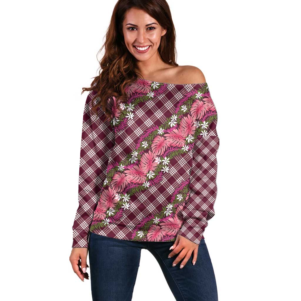 Polynesian Monstera Tiare Floral Off Shoulder Sweater Fuchsia Tropical Plaid - Polynesian Pride