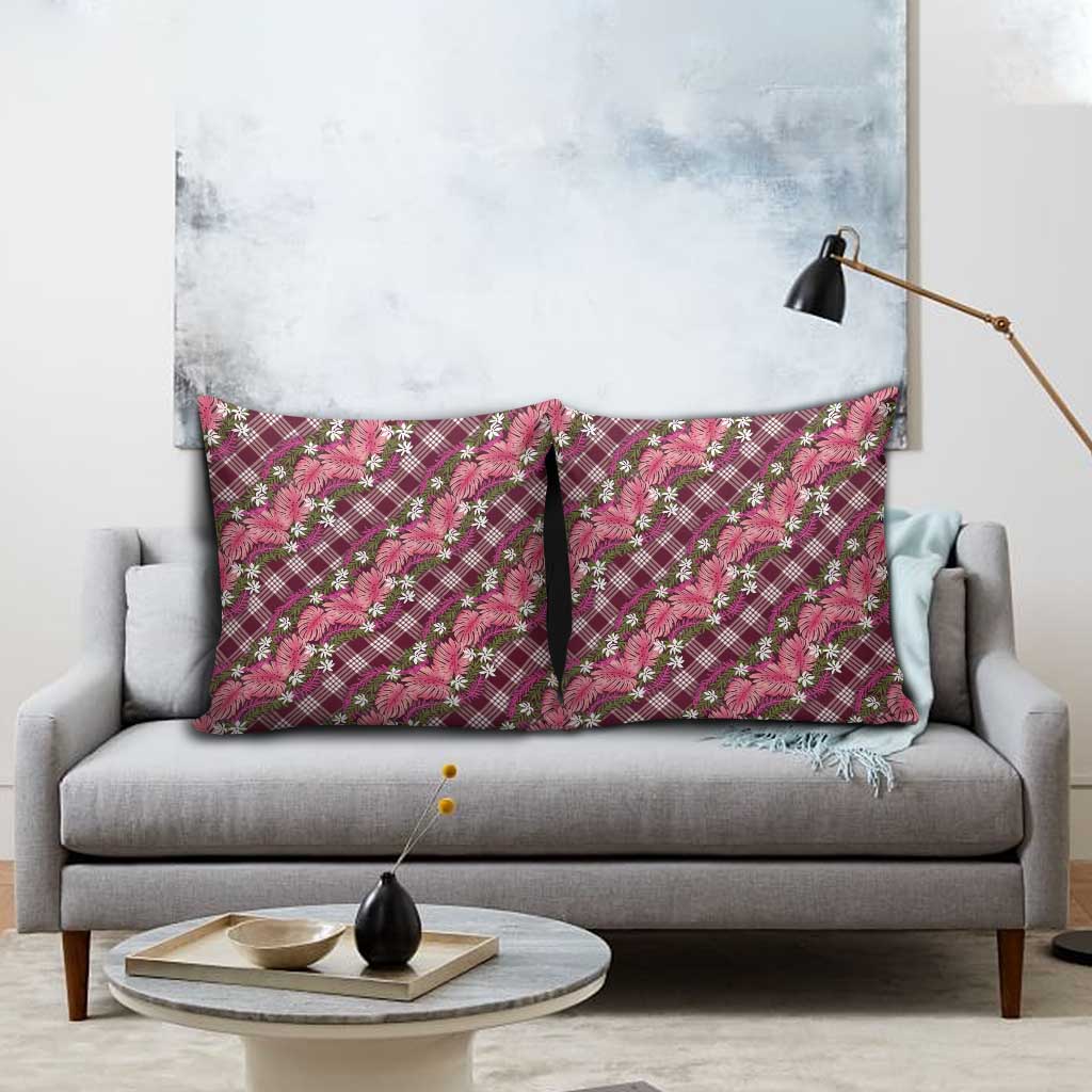 Polynesian Monstera Tiare Floral Pillow Cover Fuchsia Tropical Plaid - Polynesian Pride