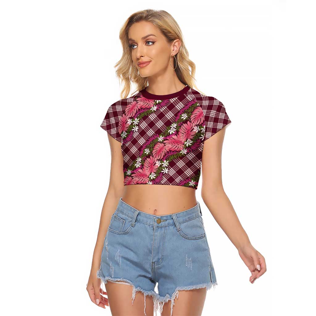 Polynesian Monstera Tiare Floral Raglan Cropped T Shirt Fuchsia Tropical Plaid - Polynesian Pride