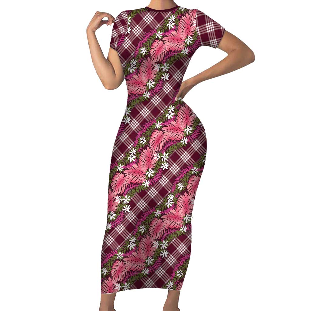 Polynesian Monstera Tiare Floral Short Sleeve Bodycon Dress Fuchsia Tropical Plaid LT01 Long Dress Pink - Polynesian Pride