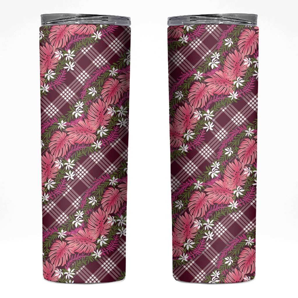 Polynesian Monstera Tiare Floral Skinny Tumbler Fuchsia Tropical Plaid LT01 Pink - Polynesian Pride