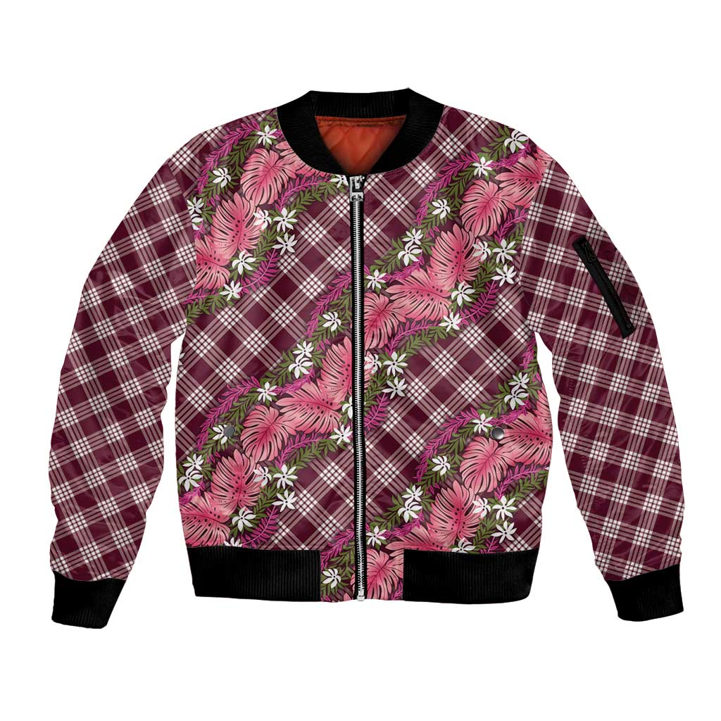 Polynesian Monstera Tiare Floral Sleeve Zip Bomber Jacket Fuchsia Tropical Plaid LT01 Unisex Pink - Polynesian Pride