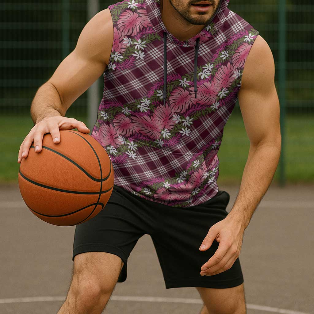 Polynesian Monstera Tiare Floral Sleeveless Hoodie Fuchsia Tropical Plaid - Polynesian Pride