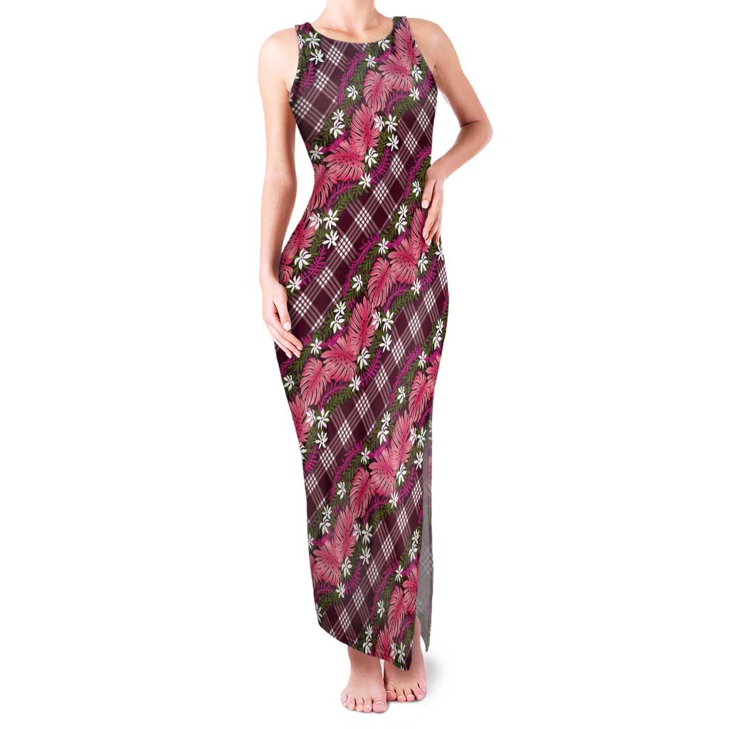Polynesian Monstera Tiare Floral Tank Maxi Dress Fuchsia Tropical Plaid LT01 Women Pink - Polynesian Pride