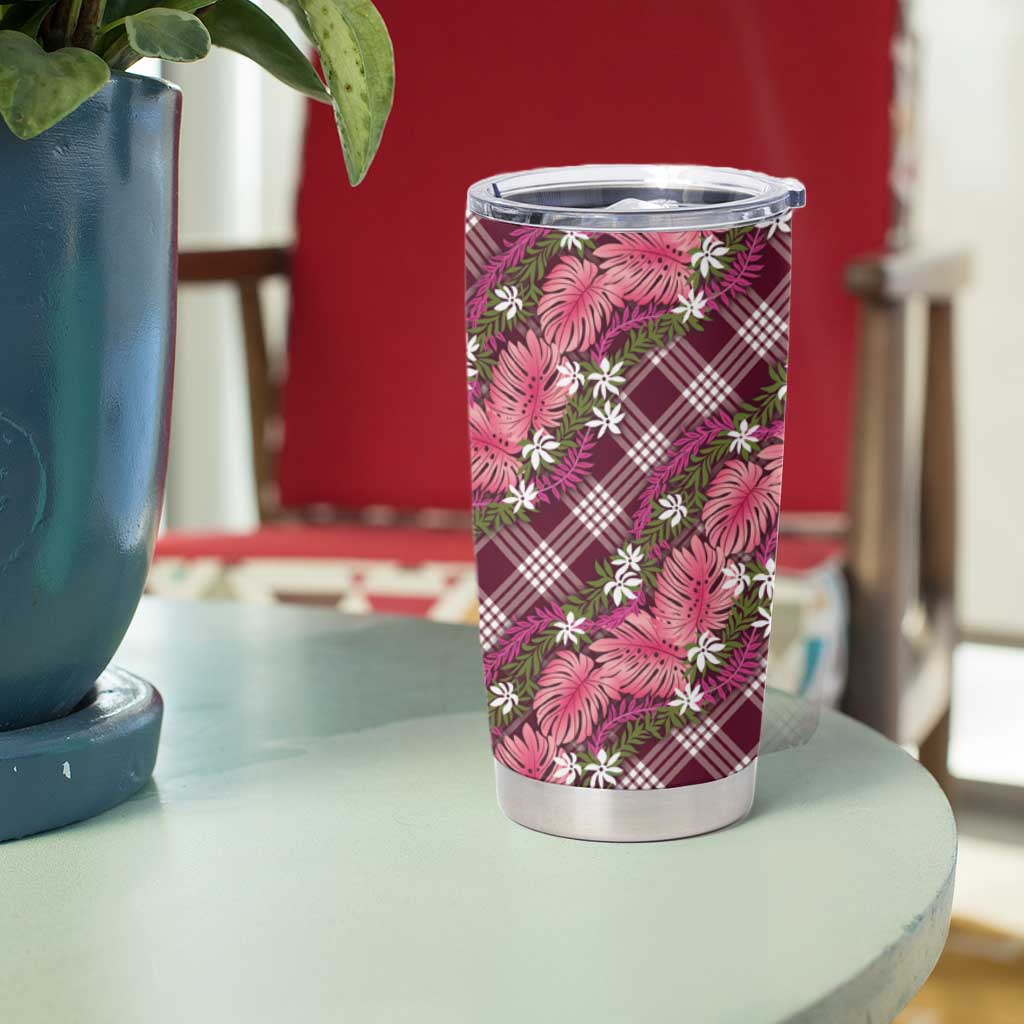 Polynesian Monstera Tiare Floral Tumbler Cup Fuchsia Tropical Plaid LT01 - Polynesian Pride