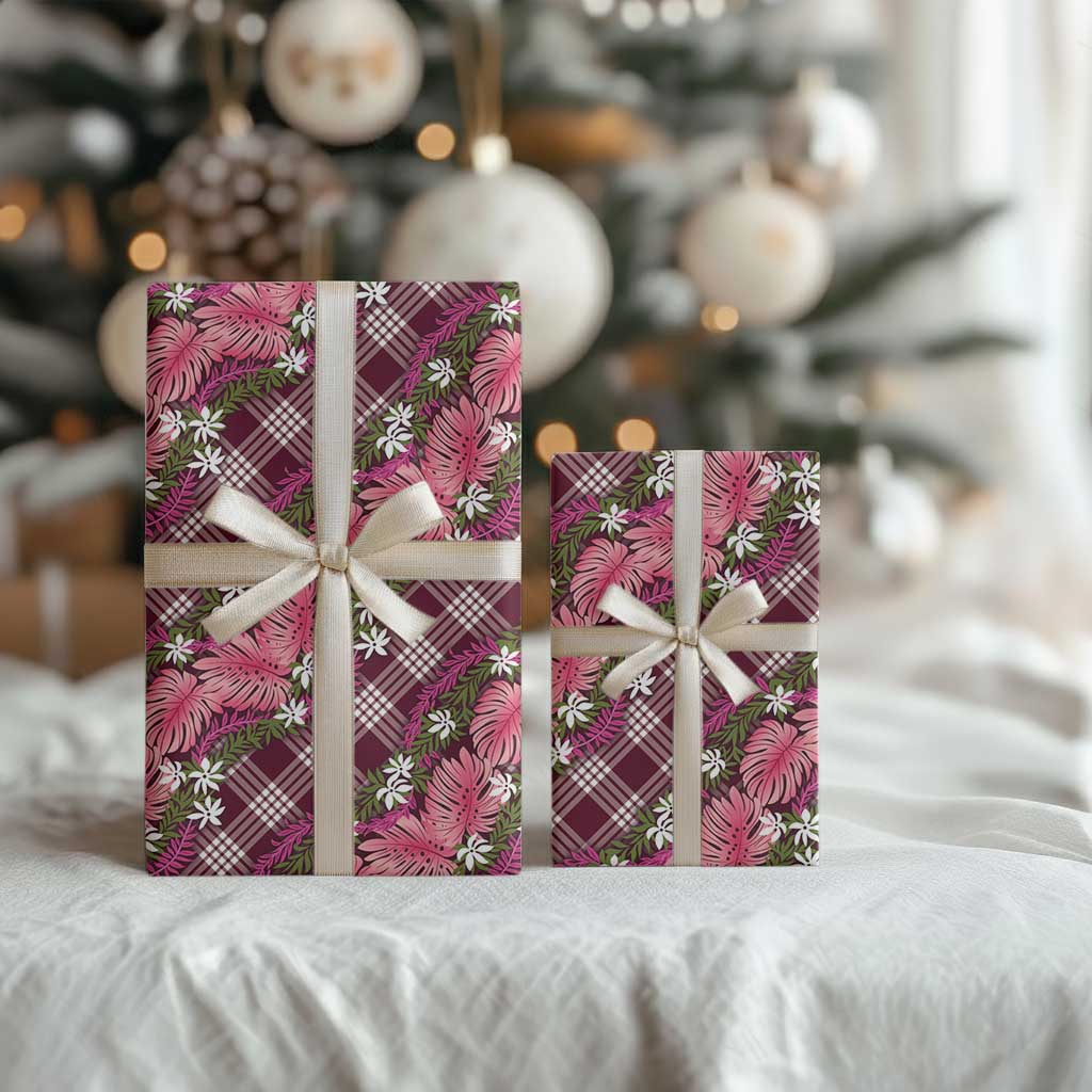 Polynesian Monstera Tiare Floral Wrapping Paper Fuchsia Tropical Plaid - Polynesian Pride