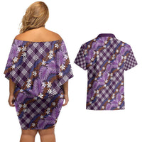 Polynesian Monstera Tiare Floral Couples Matching Off Shoulder Short Dress and Hawaiian Shirt Lavender Tropical Plaid - Polynesian Pride