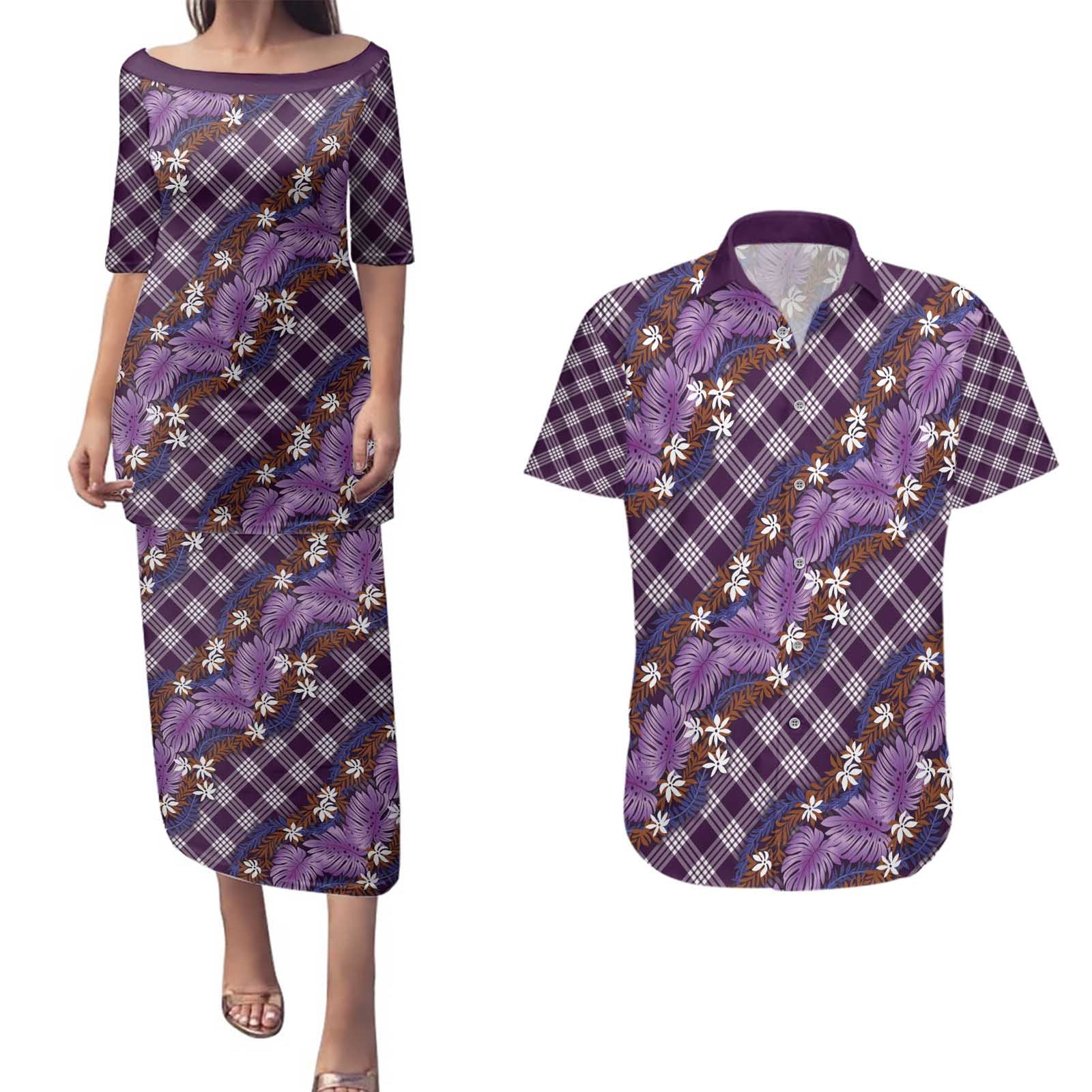Polynesian Monstera Tiare Floral Couples Matching Puletasi and Hawaiian Shirt Lavender Tropical Plaid - Polynesian Pride