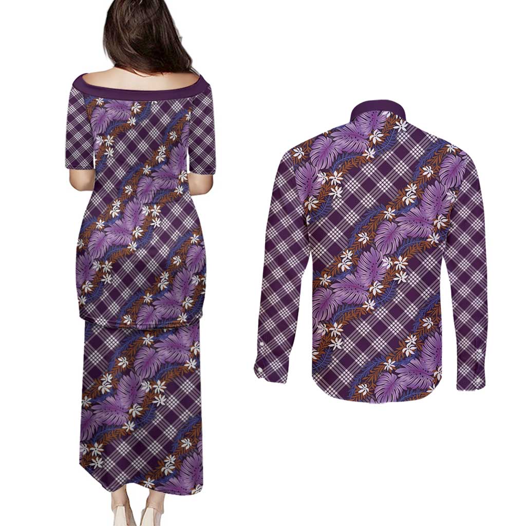 Polynesian Monstera Tiare Floral Couples Matching Puletasi and Long Sleeve Button Shirt Lavender Tropical Plaid - Polynesian Pride