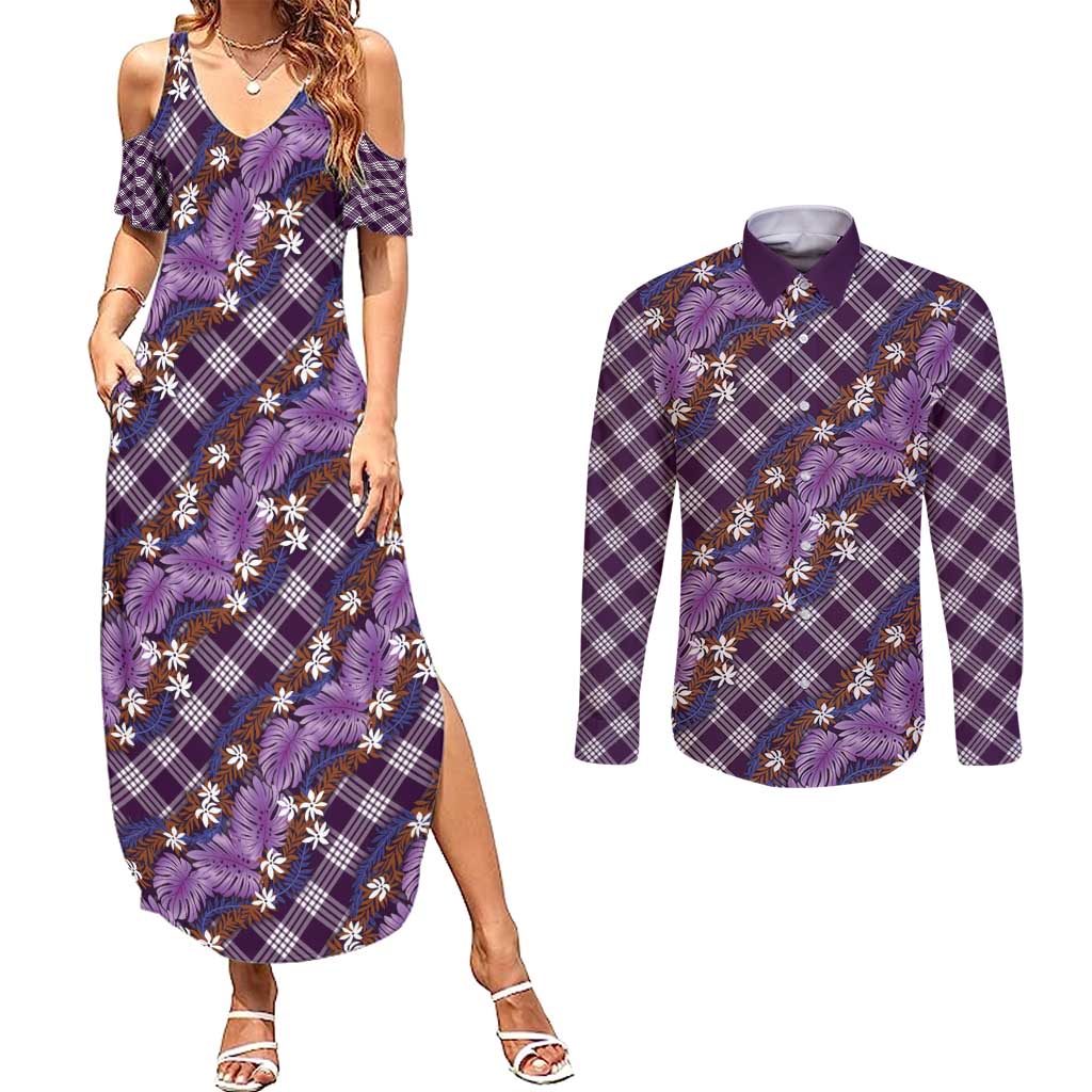 Polynesian Monstera Tiare Floral Couples Matching Summer Maxi Dress and Long Sleeve Button Shirt Lavender Tropical Plaid LT01 Purple - Polynesian Pride