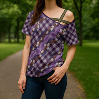 Polynesian Monstera Tiare Floral Cross Shoulder Shirt Lavender Tropical Plaid - Polynesian Pride