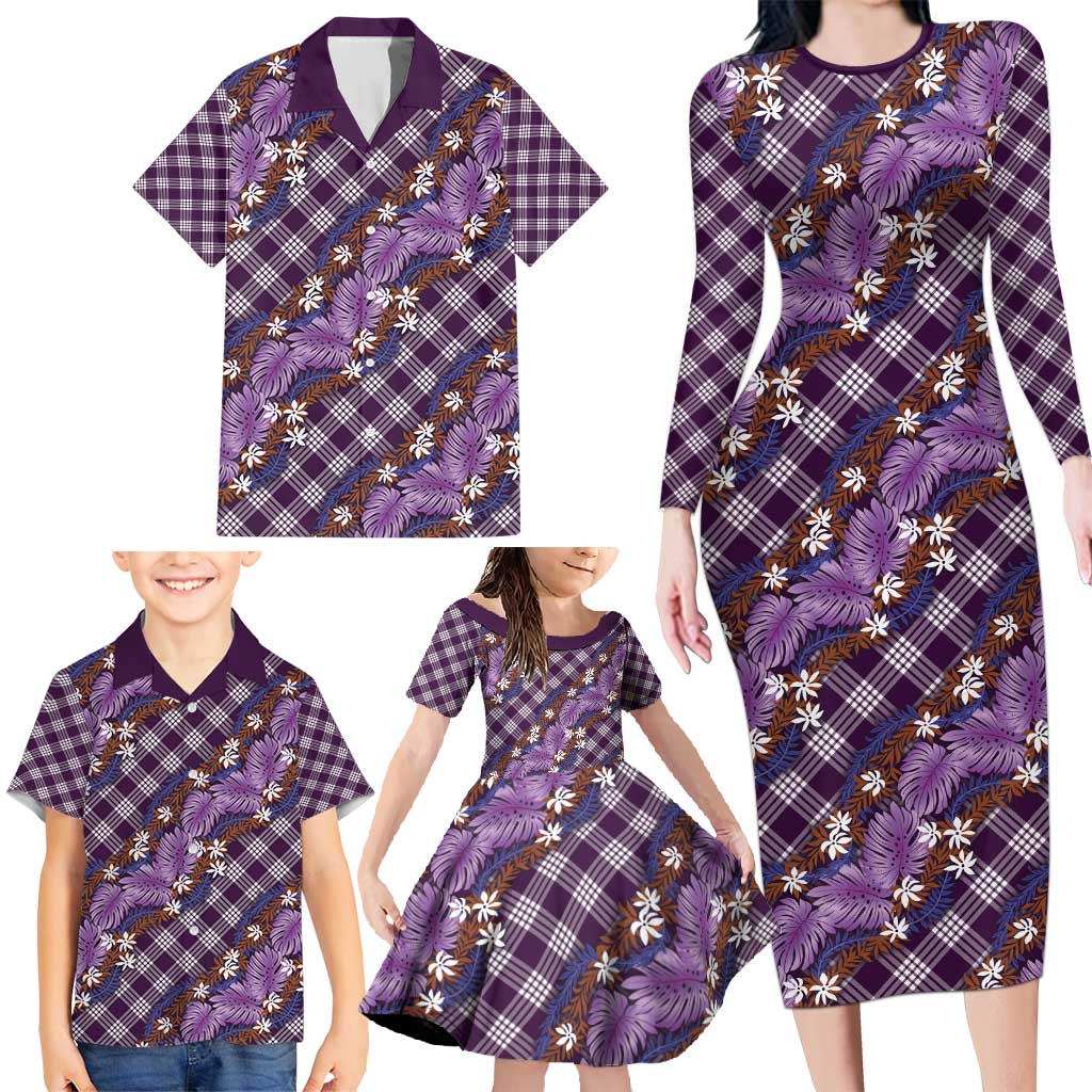 Polynesian Monstera Tiare Floral Family Matching Long Sleeve Bodycon Dress and Hawaiian Shirt Lavender Tropical Plaid LT01 - Polynesian Pride
