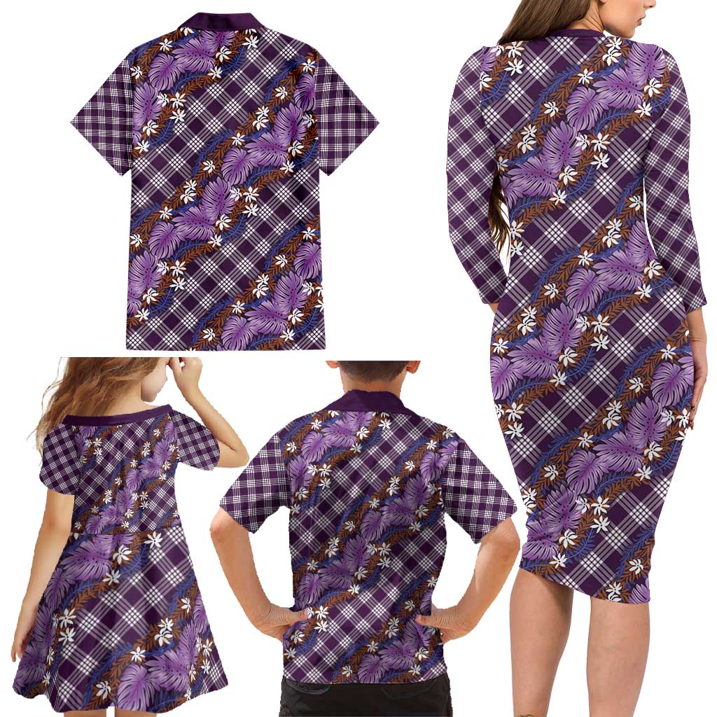 Polynesian Monstera Tiare Floral Family Matching Long Sleeve Bodycon Dress and Hawaiian Shirt Lavender Tropical Plaid LT01 - Polynesian Pride