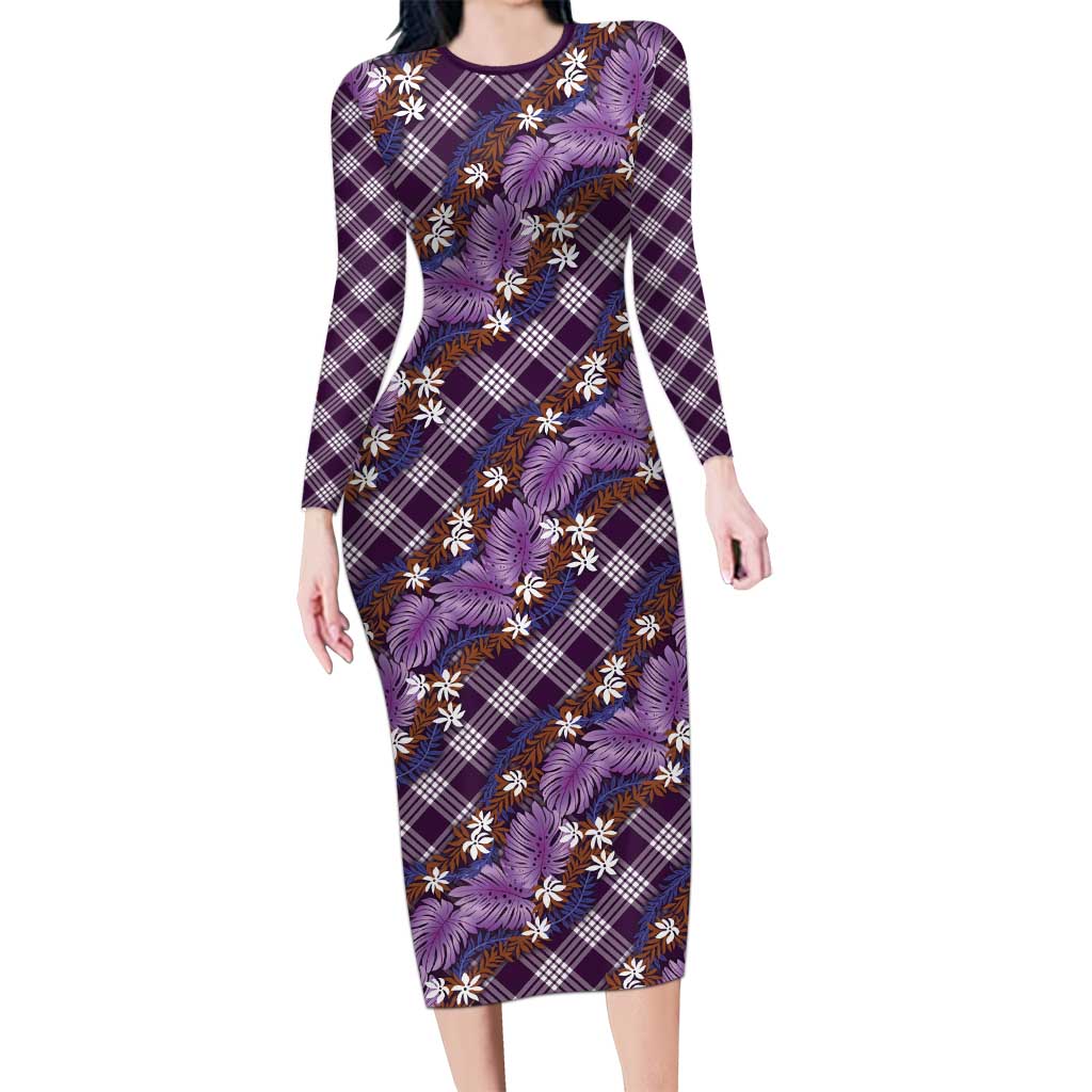 Polynesian Monstera Tiare Floral Family Matching Long Sleeve Bodycon Dress and Hawaiian Shirt Lavender Tropical Plaid LT01 Mom's Dress Purple - Polynesian Pride