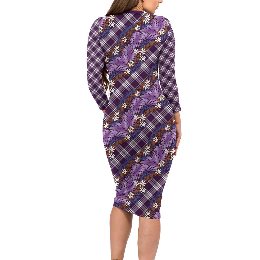 Polynesian Monstera Tiare Floral Family Matching Long Sleeve Bodycon Dress and Hawaiian Shirt Lavender Tropical Plaid LT01 - Polynesian Pride