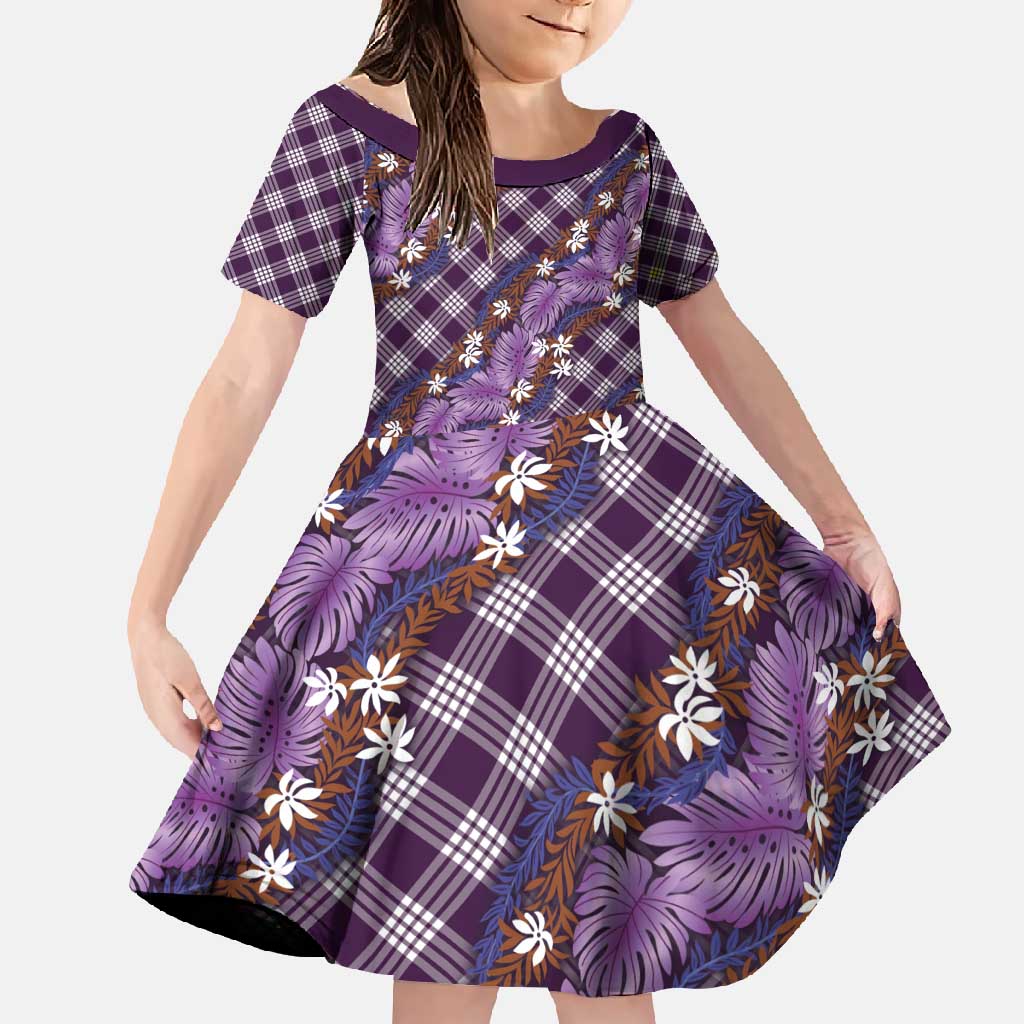 Polynesian Monstera Tiare Floral Family Matching Mermaid Dress and Hawaiian Shirt Lavender Tropical Plaid LT01 Daughter's Dress Purple - Polynesian Pride