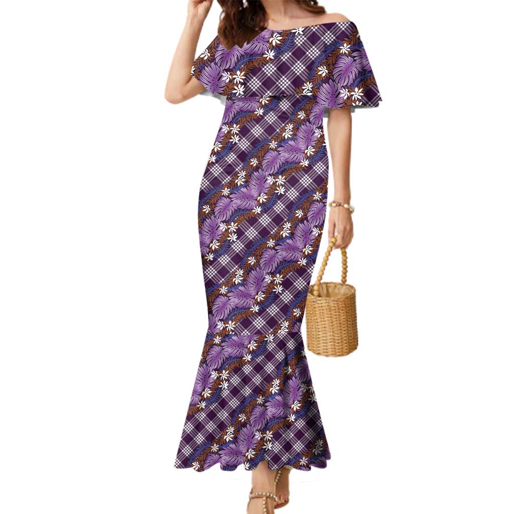 Polynesian Monstera Tiare Floral Family Matching Mermaid Dress and Hawaiian Shirt Lavender Tropical Plaid LT01 Mom's Dress Purple - Polynesian Pride