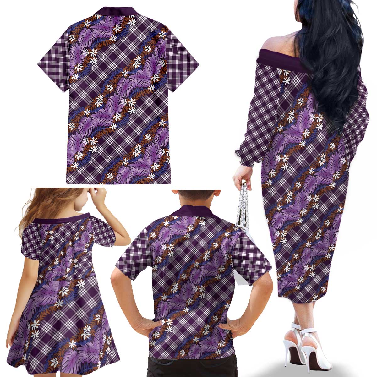 Polynesian Monstera Tiare Floral Family Matching Off The Shoulder Long Sleeve Dress and Hawaiian Shirt Lavender Tropical Plaid LT01 - Polynesian Pride