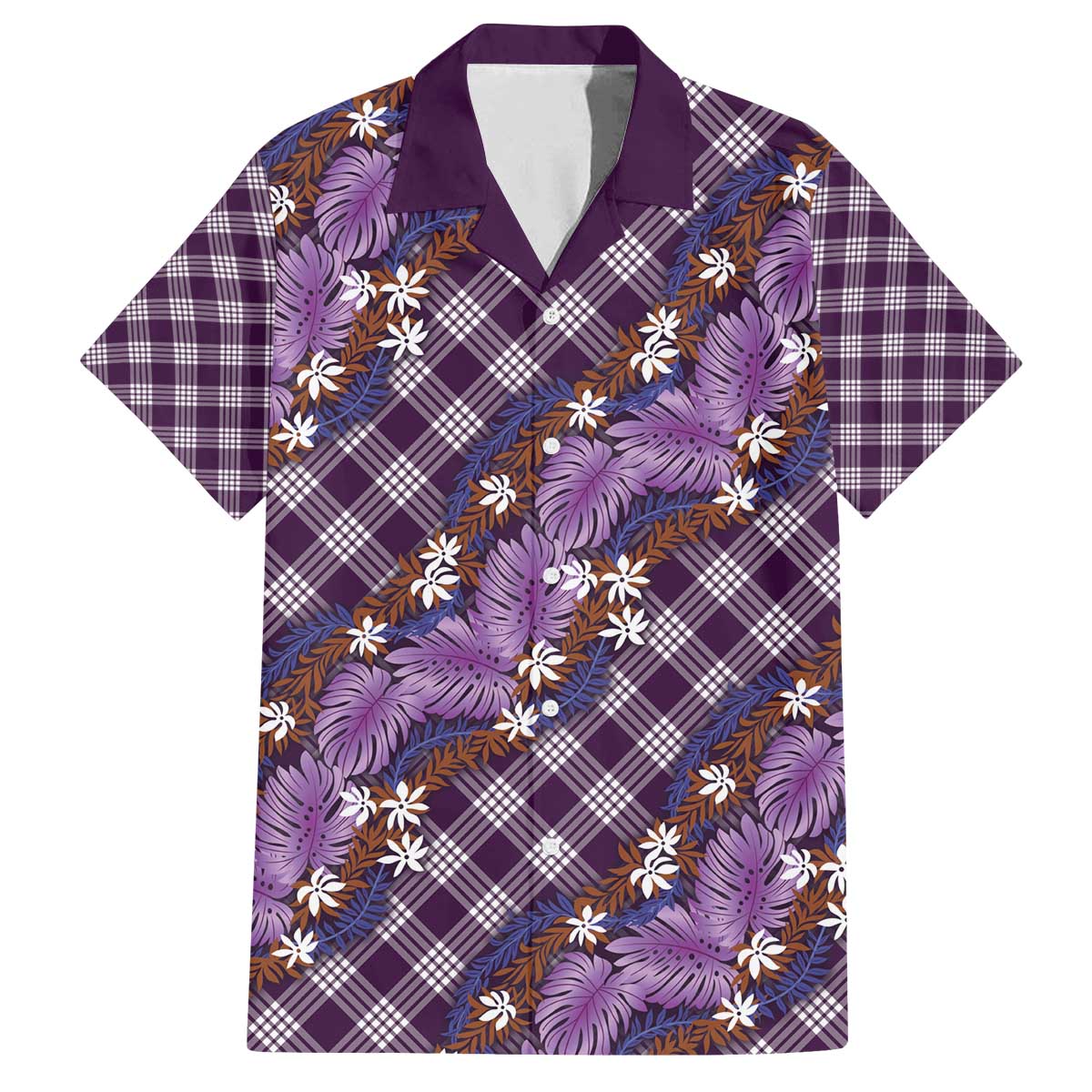 Polynesian Monstera Tiare Floral Family Matching Off The Shoulder Long Sleeve Dress and Hawaiian Shirt Lavender Tropical Plaid LT01 Dad's Shirt - Short Sleeve Purple - Polynesian Pride