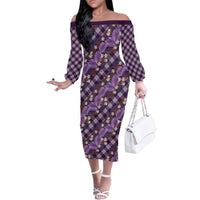 Polynesian Monstera Tiare Floral Family Matching Off The Shoulder Long Sleeve Dress and Hawaiian Shirt Lavender Tropical Plaid LT01 Mom's Dress Purple - Polynesian Pride