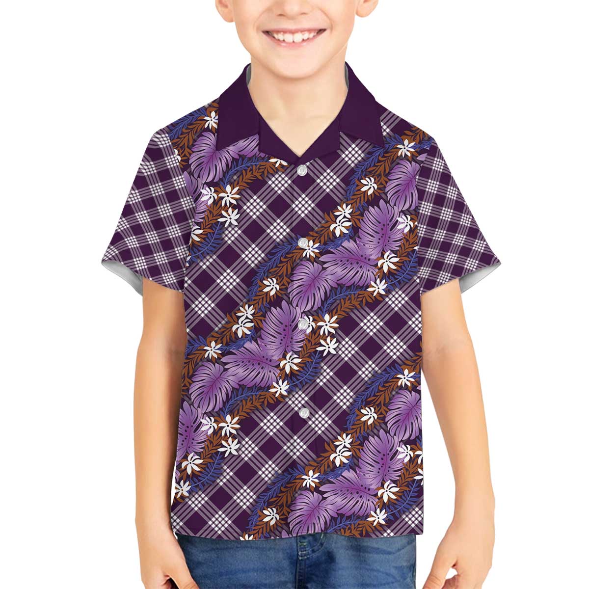 Polynesian Monstera Tiare Floral Family Matching Off The Shoulder Long Sleeve Dress and Hawaiian Shirt Lavender Tropical Plaid LT01 Son's Shirt Purple - Polynesian Pride