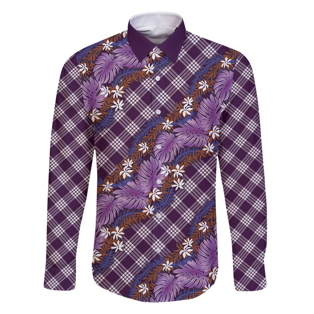 Polynesian Monstera Tiare Floral Family Matching Off Shoulder Maxi Dress and Hawaiian Shirt Lavender Tropical Plaid LT01 Dad's Shirt - Long Sleeve Purple - Polynesian Pride