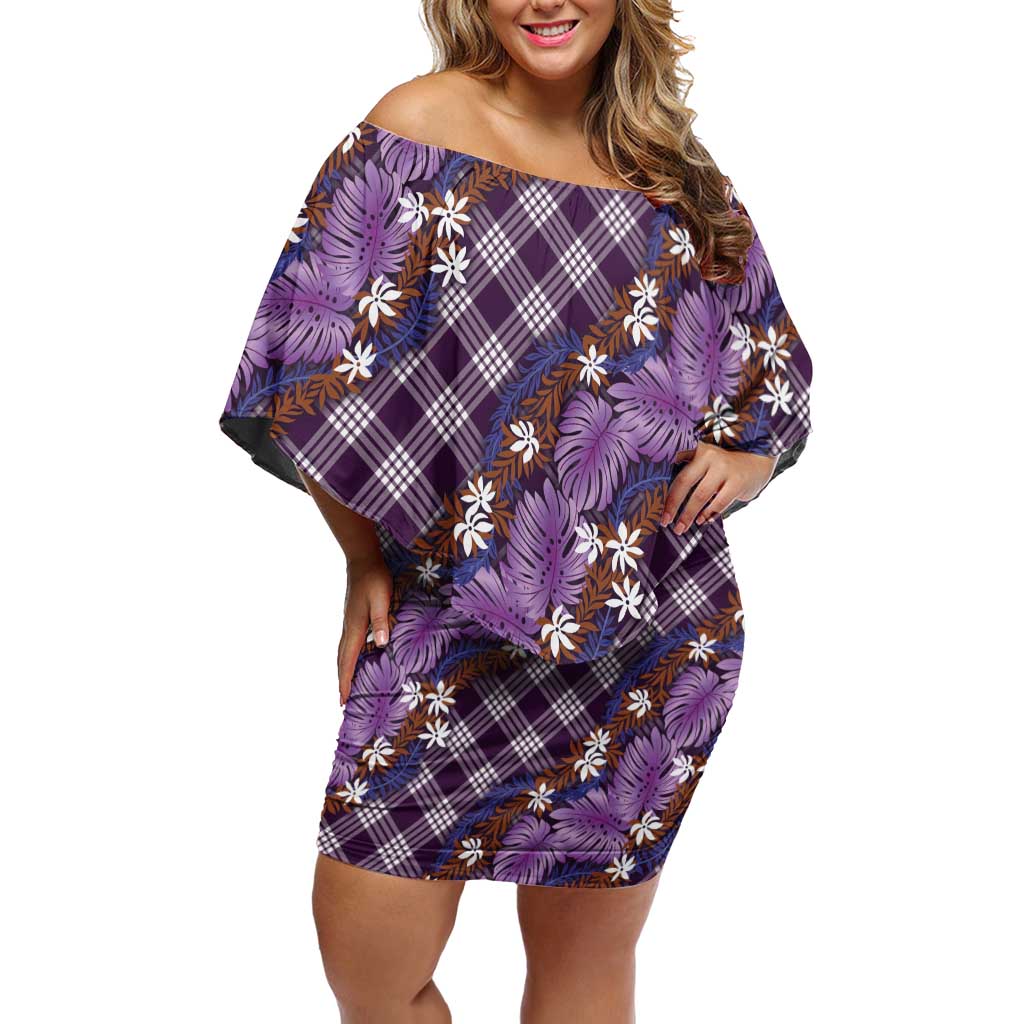 Polynesian Monstera Tiare Floral Family Matching Off Shoulder Short Dress and Hawaiian Shirt Lavender Tropical Plaid LT01 Mom's Dress Purple - Polynesian Pride