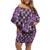 Polynesian Monstera Tiare Floral Family Matching Off Shoulder Short Dress and Hawaiian Shirt Lavender Tropical Plaid LT01 Mom's Dress Purple - Polynesian Pride