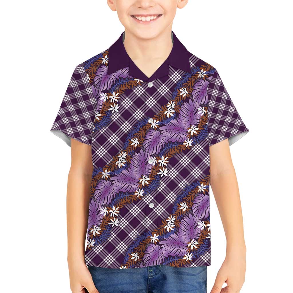 Polynesian Monstera Tiare Floral Family Matching Off Shoulder Short Dress and Hawaiian Shirt Lavender Tropical Plaid LT01 Son's Shirt Purple - Polynesian Pride