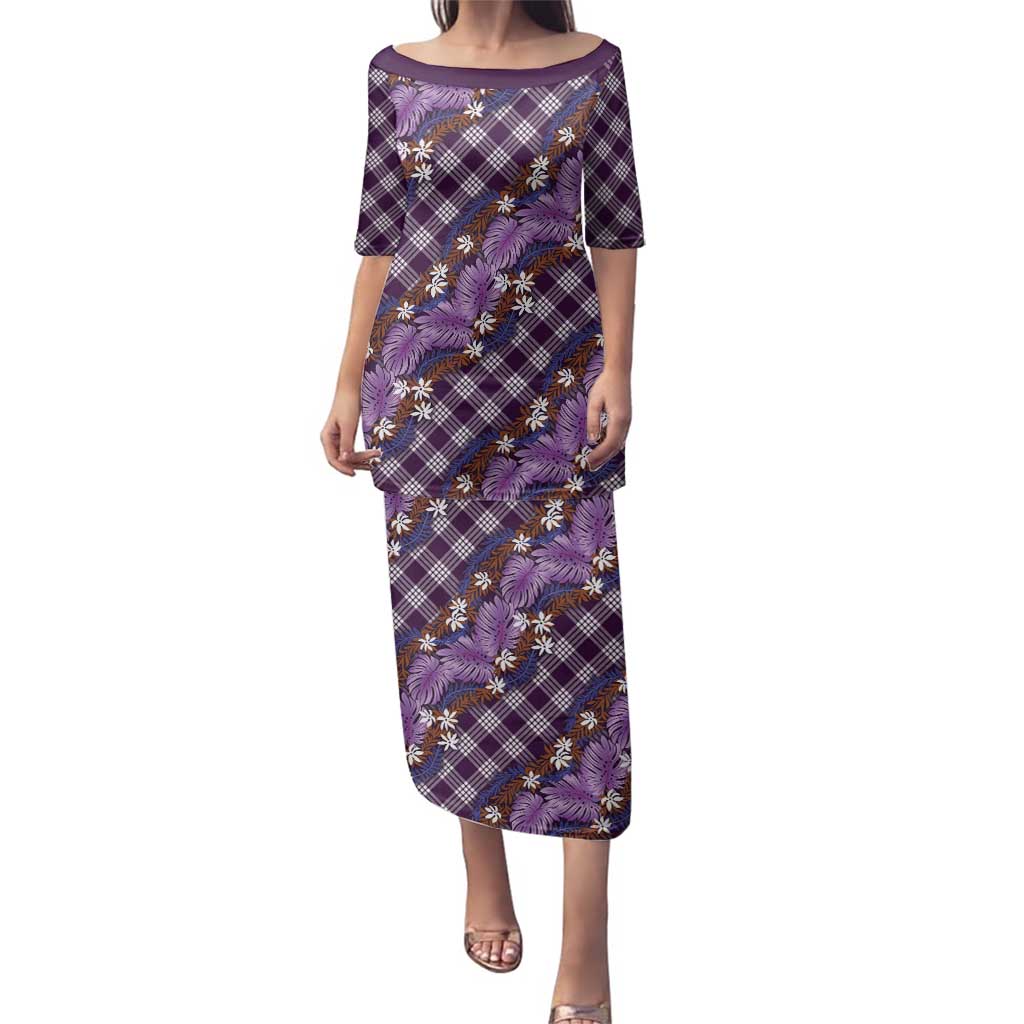 Polynesian Monstera Tiare Floral Family Matching Puletasi and Hawaiian Shirt Lavender Tropical Plaid - Polynesian Pride