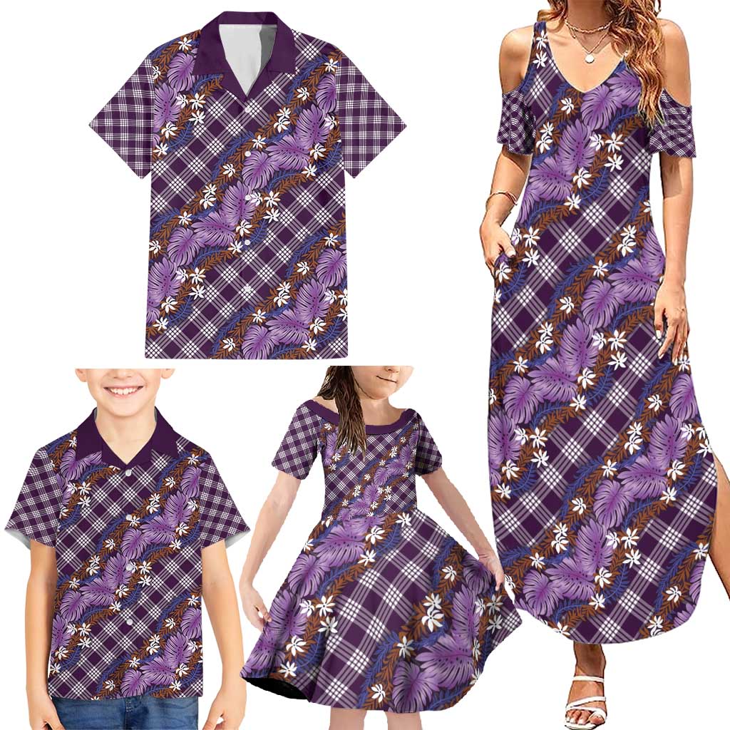 Polynesian Monstera Tiare Floral Family Matching Summer Maxi Dress and Hawaiian Shirt Lavender Tropical Plaid LT01 - Polynesian Pride