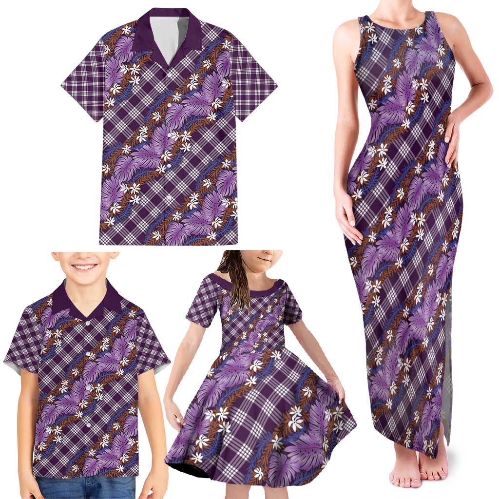 Polynesian Monstera Tiare Floral Family Matching Tank Maxi Dress and Hawaiian Shirt Lavender Tropical Plaid LT01 - Polynesian Pride