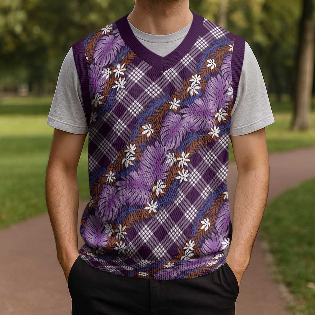 Polynesian Monstera Tiare Floral Christmas Knitted V-Neck Vest Lavender Tropical Plaid - Polynesian Pride