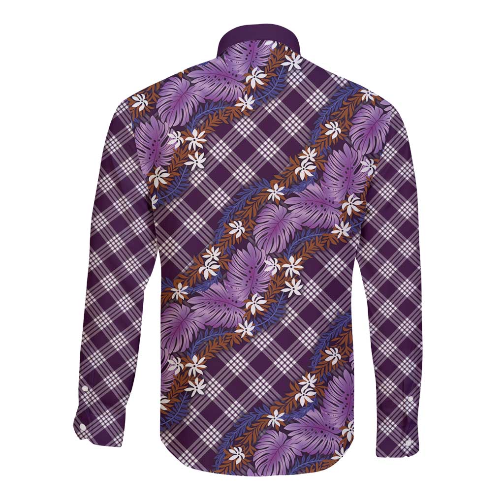 Polynesian Monstera Tiare Floral Long Sleeve Button Shirt Lavender Tropical Plaid - Polynesian Pride