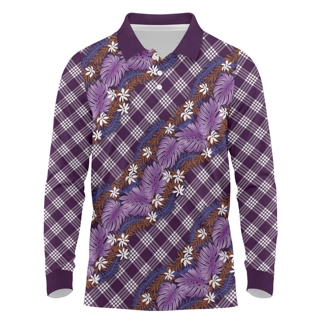 Polynesian Monstera Tiare Floral Long Sleeve Polo Shirt Lavender Tropical Plaid LT01 Purple - Polynesian Pride