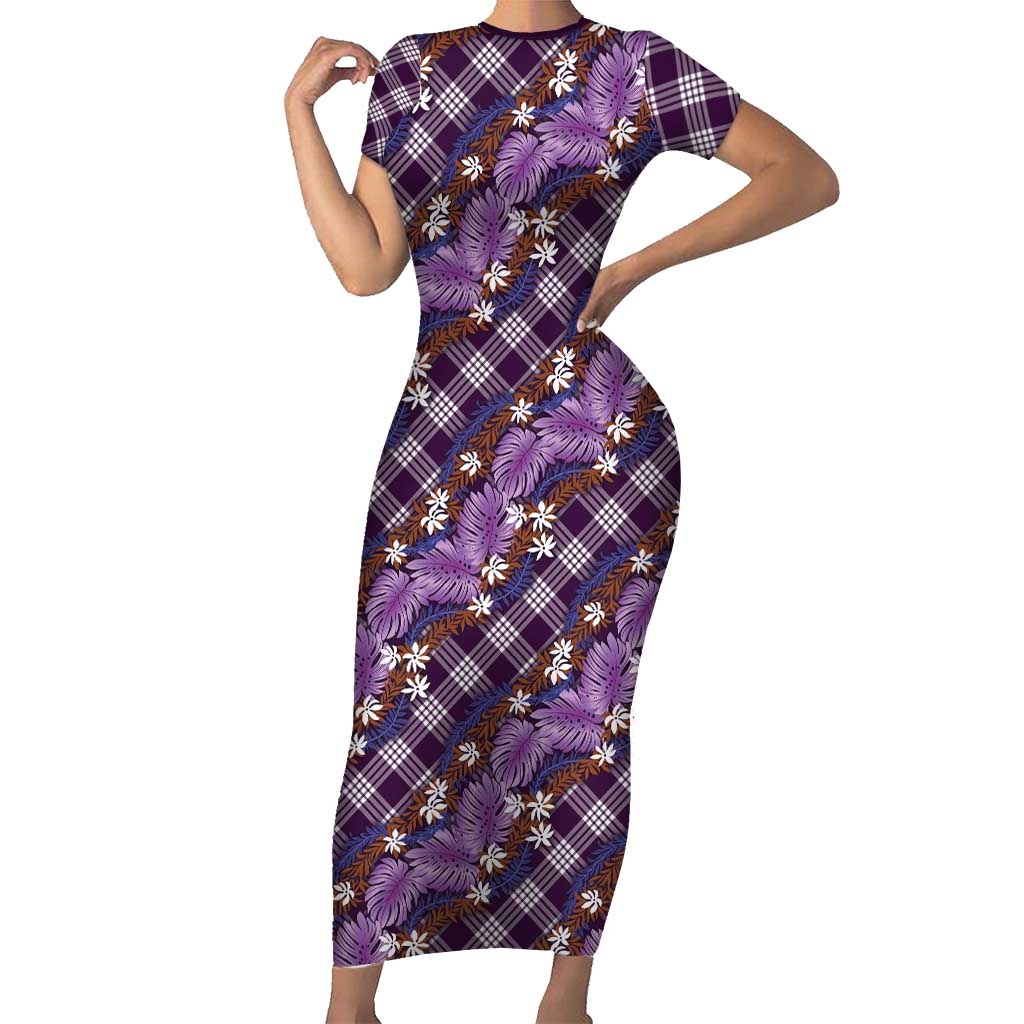Polynesian Monstera Tiare Floral Short Sleeve Bodycon Dress Lavender Tropical Plaid LT01 Long Dress Purple - Polynesian Pride