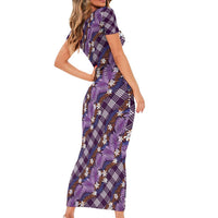 Polynesian Monstera Tiare Floral Short Sleeve Bodycon Dress Lavender Tropical Plaid LT01 - Polynesian Pride