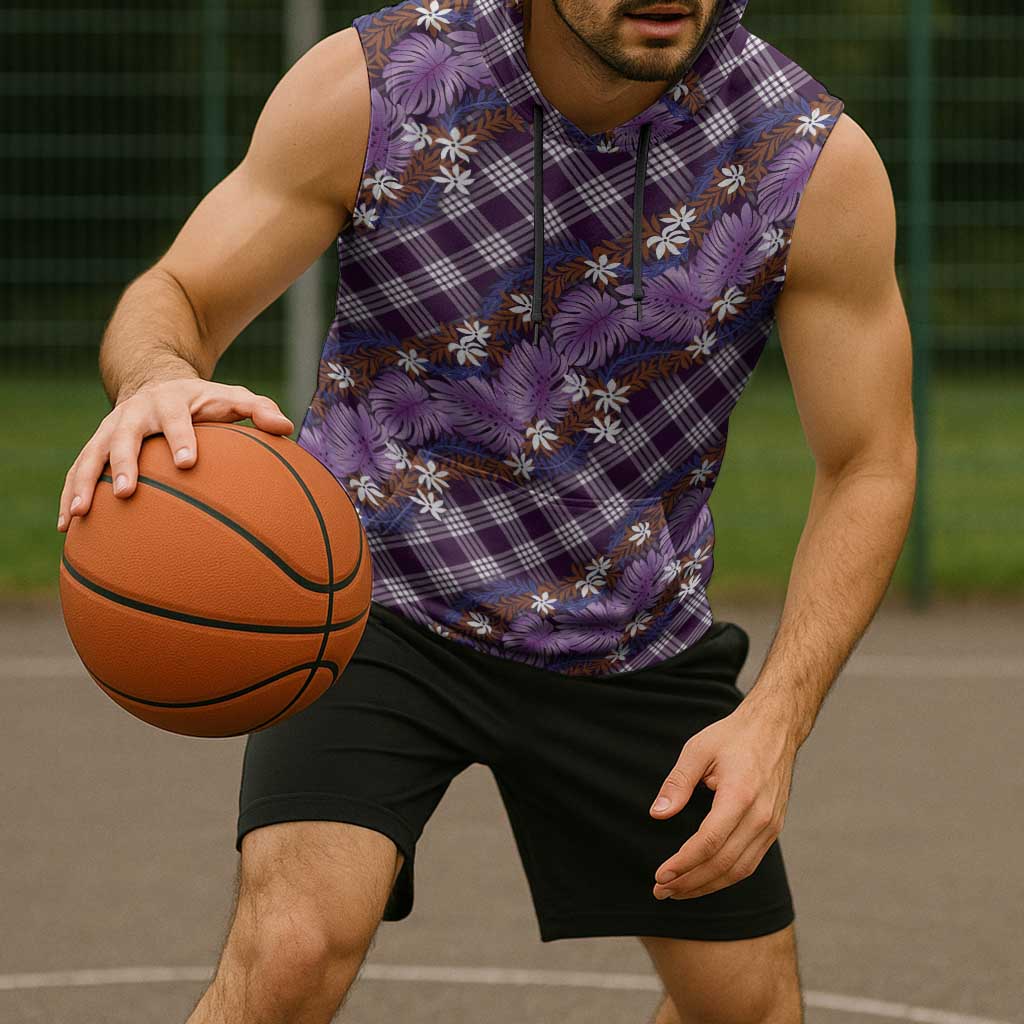 Polynesian Monstera Tiare Floral Sleeveless Hoodie Lavender Tropical Plaid - Polynesian Pride